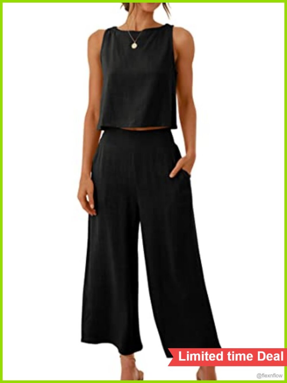 Women's 2 Piece Linen Blend Set Sleeveless Crop Top Wide Leg Capri Pants